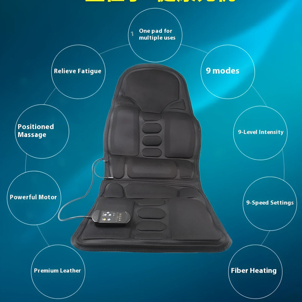 Black heating massage mat with infrared physiotherapy function and a connected seat cushion.