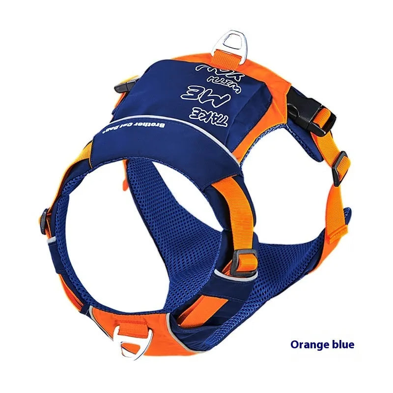 Orange blue nylon dog chest strap vest harness shown from the side on a dog.