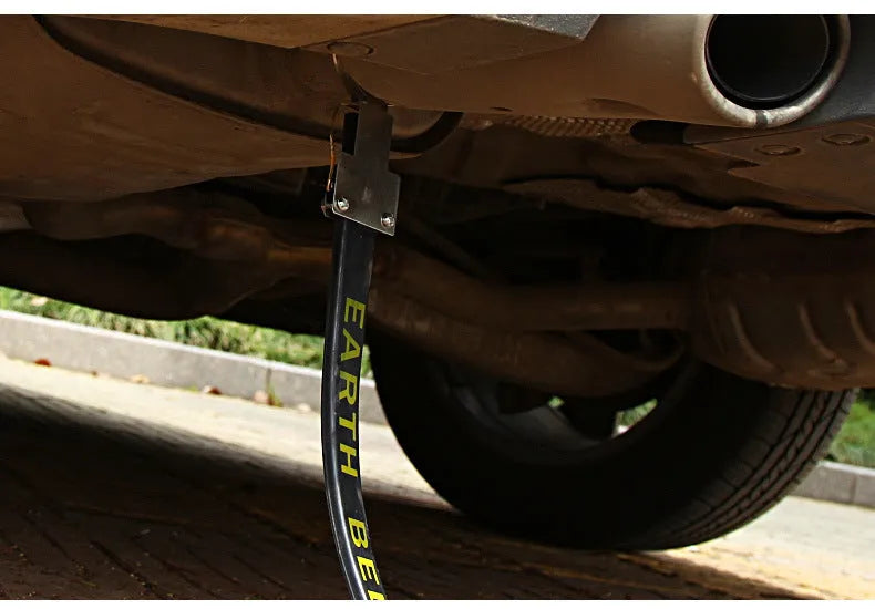 Black car electrostatic grounding belt with copper wire and rubber construction, 370mm long, shown detached.