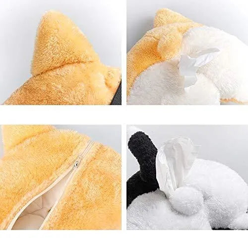 Yellow soft plush corgi butt shaped tissue box cover with elastic straps for car visor.