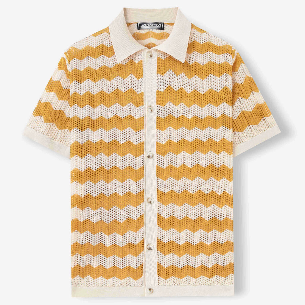 Yellow hollow jacquard corrugated short sleeve sweater with flocking detail on a hanger.