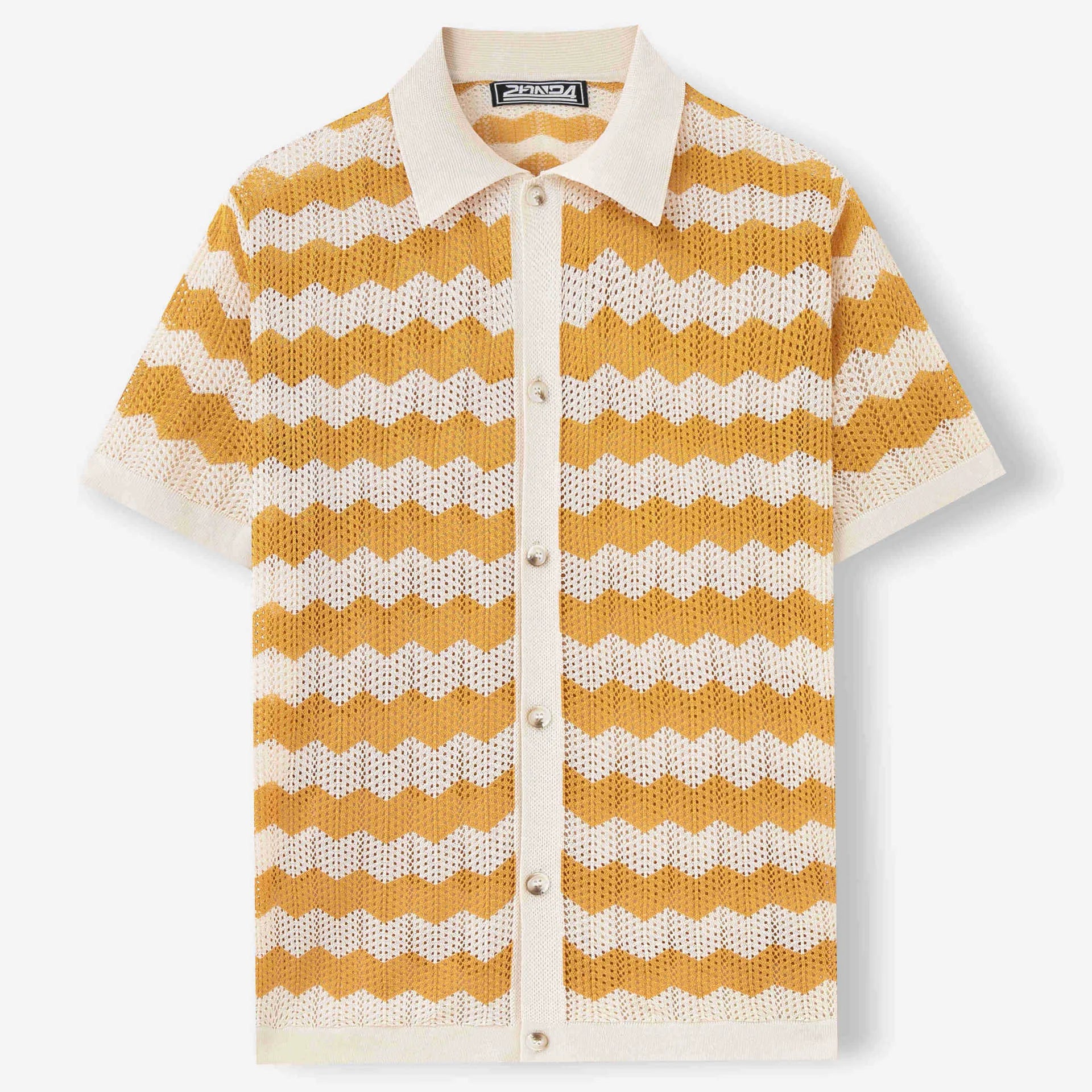 Yellow hollow jacquard corrugated short sleeve sweater with flocking detail on a hanger.