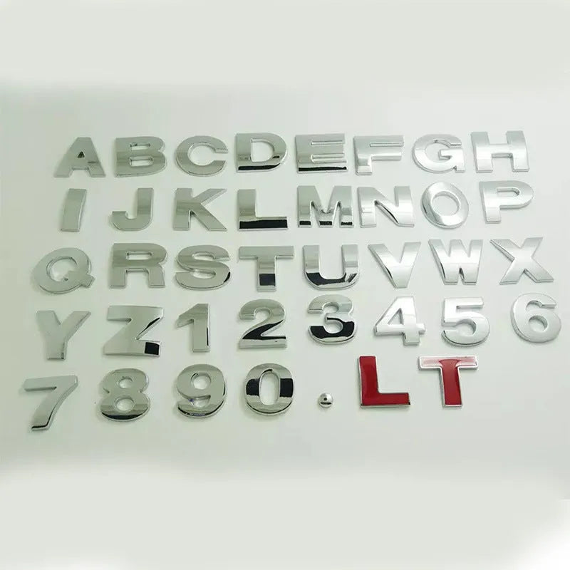 Zinc alloy 3D car bumper sticker showing raised metallic letter on black background