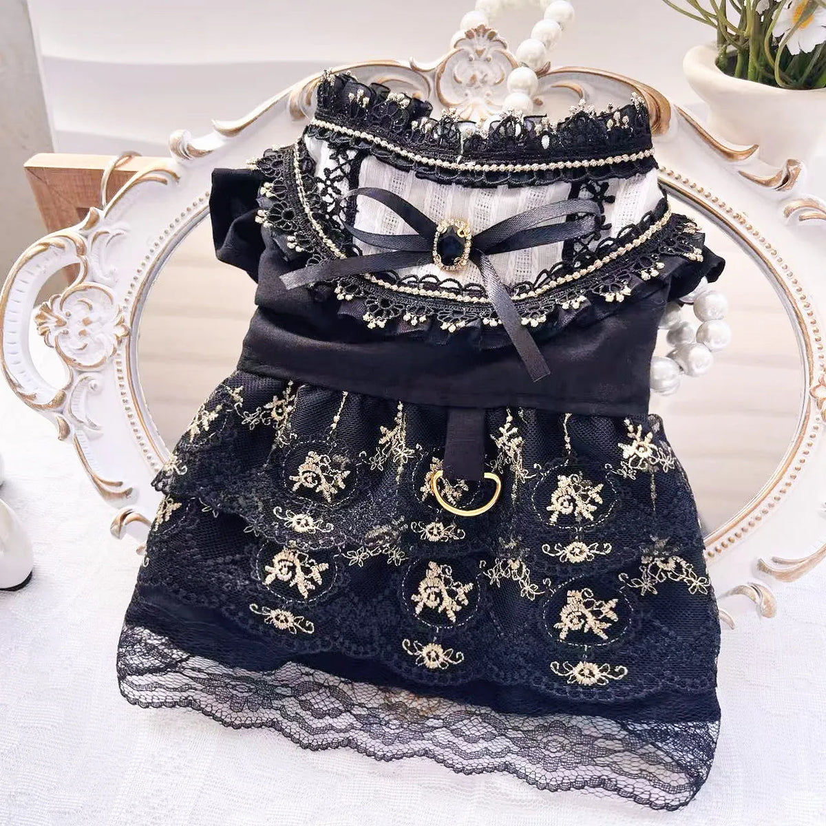 Golden gothic princess style skirt pet clothing for cats and dogs shown in multiple sizes
