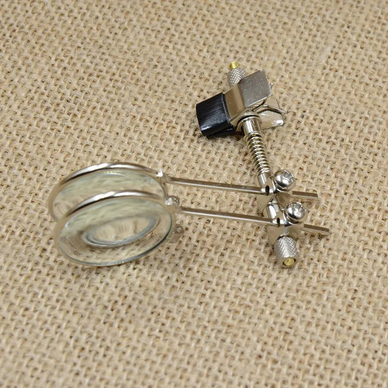 Reading glass mirror double clip accessory with metal bracket and glass lenses for hands-free magnification