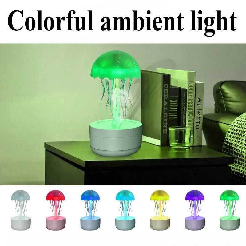 White jellyfish-shaped humidifier and essential oil diffuser with colourful LED lights on a desk.