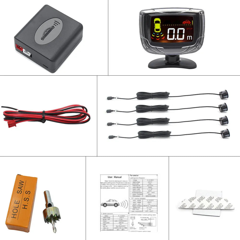 Black wireless reversing sensor system for cars with main unit, four probes, and a digital LED display.