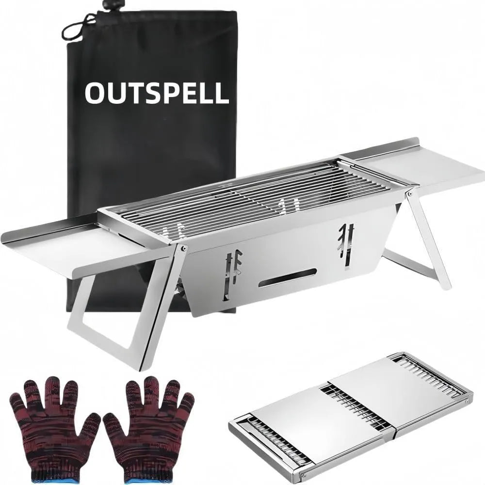 Small black foldable portable charcoal grill for outdoor barbecues, shown in both open and collapsed positions.