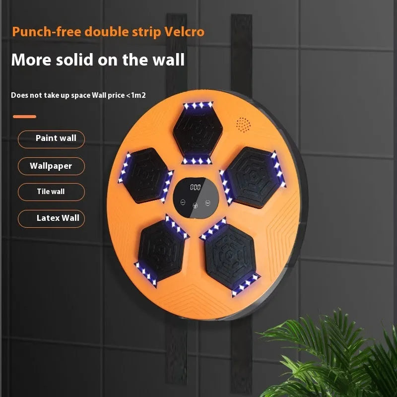Black wall-mounted smart music boxing machine reaction target with matching black gloves.