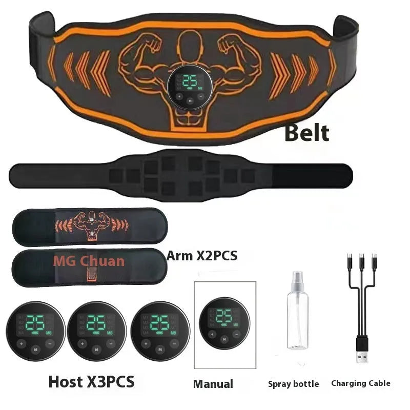 Smart EMS massage belt fitness equipment in orange and blue colour options with rechargeable power