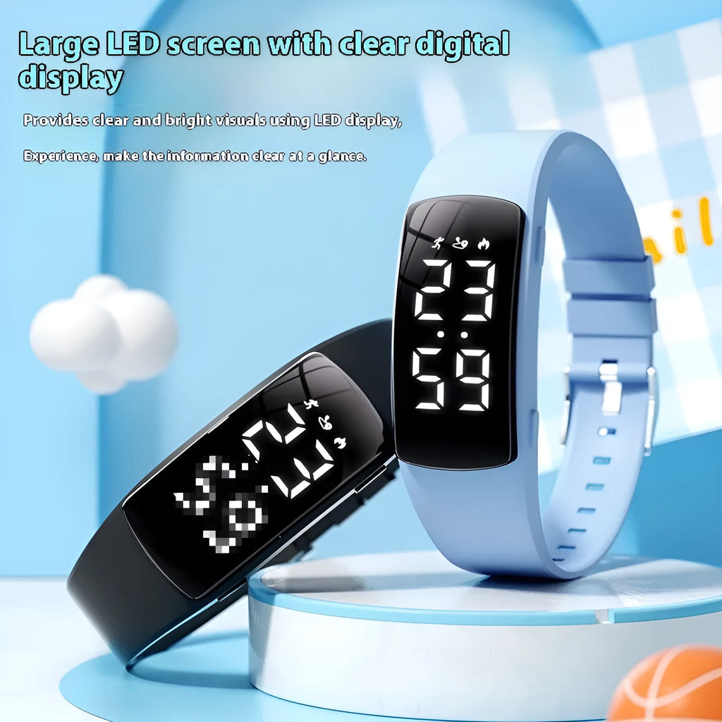 Vibration alarm smartwatch with LED display on a silicone strap, shown in a colour option.
