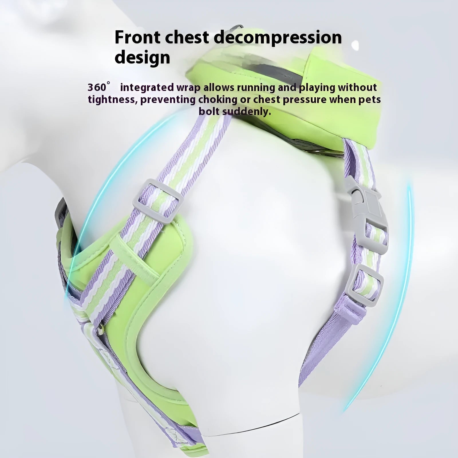 Explosion-proof anti-strangulation pet harness with 1.5m rope in green, blue, pink, yellow colours