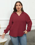 Woman wearing a gray plus size polo collar fleece shirt with lantern sleeves