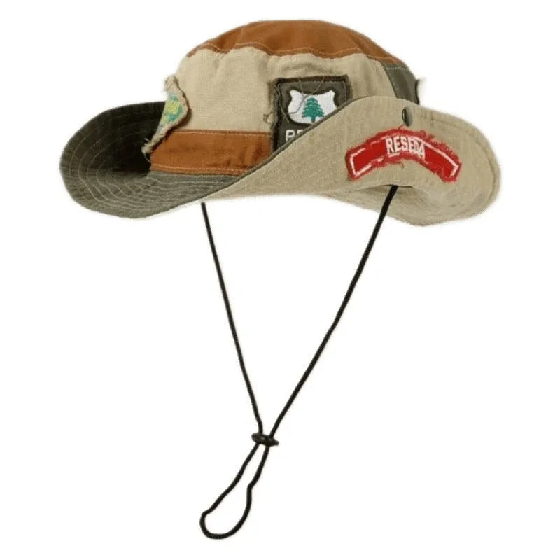 Army green women's cotton fisherman hat with retro patch design and flat top crown