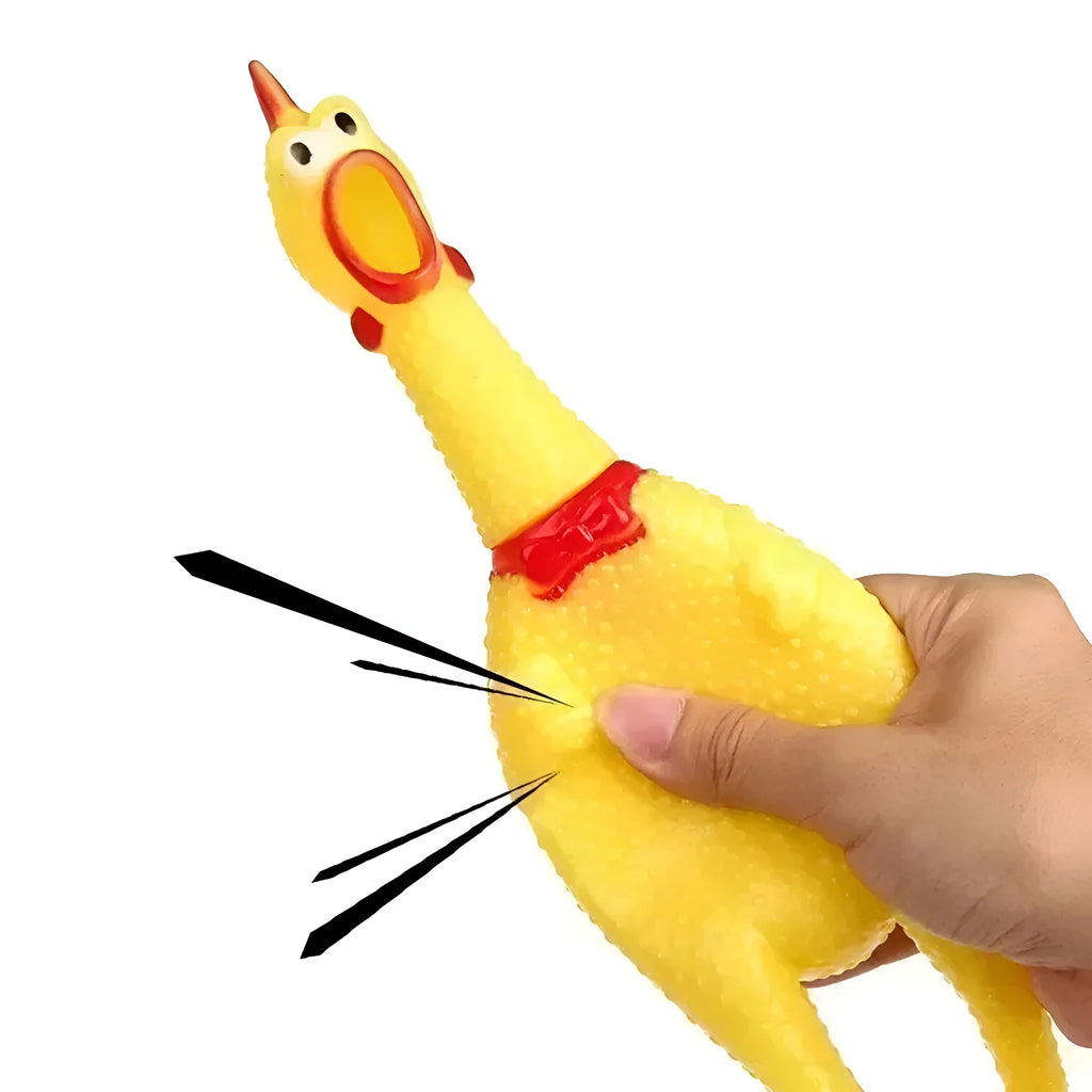 Yellow rubber screaming chicken dog squeak toy shown in small, medium and large sizes