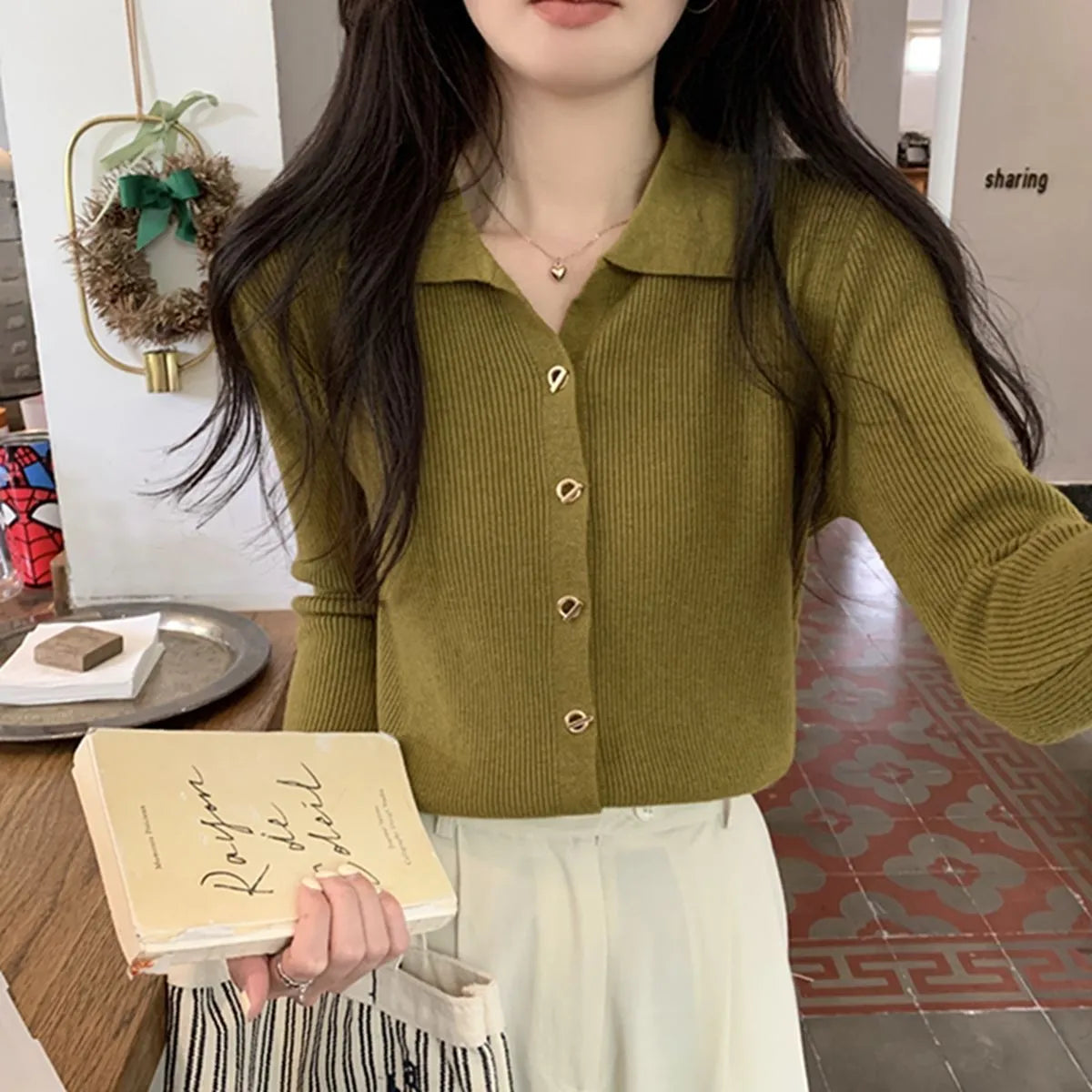 Loose long sleeve viscose knitted cardigan top in beige, black, green, khaki, or oatmeal colour.