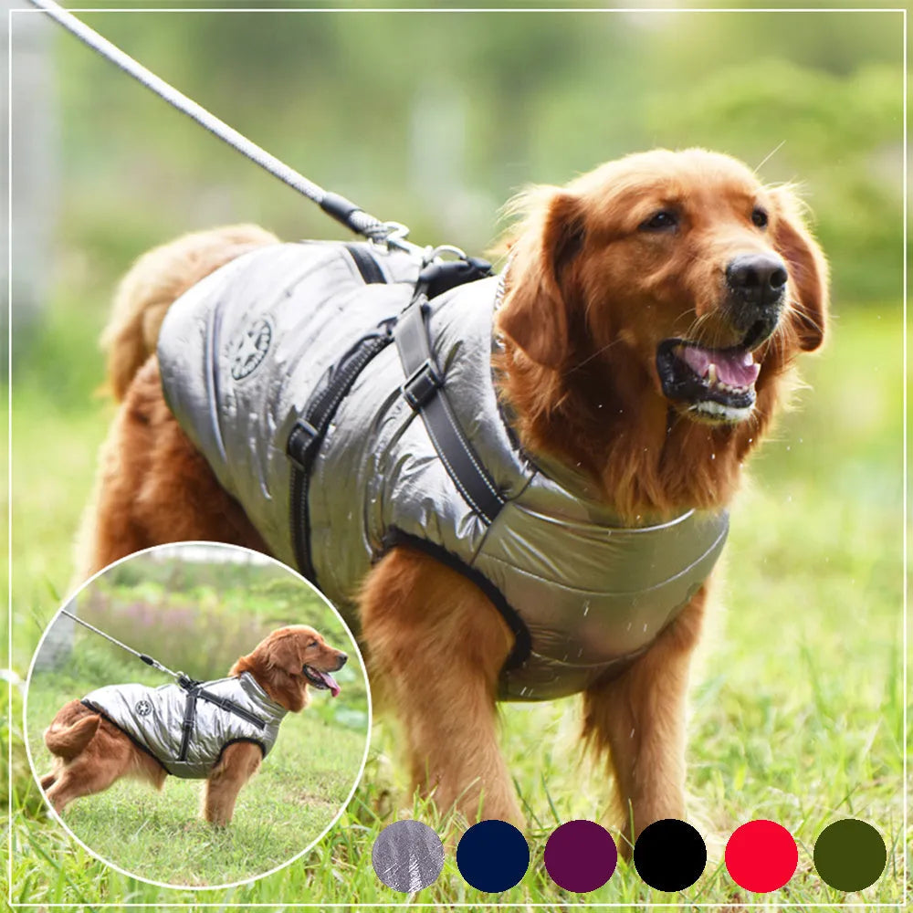 Waterproof dog coat with harness in red, navy blue, or army green, sizes XS to 4XL