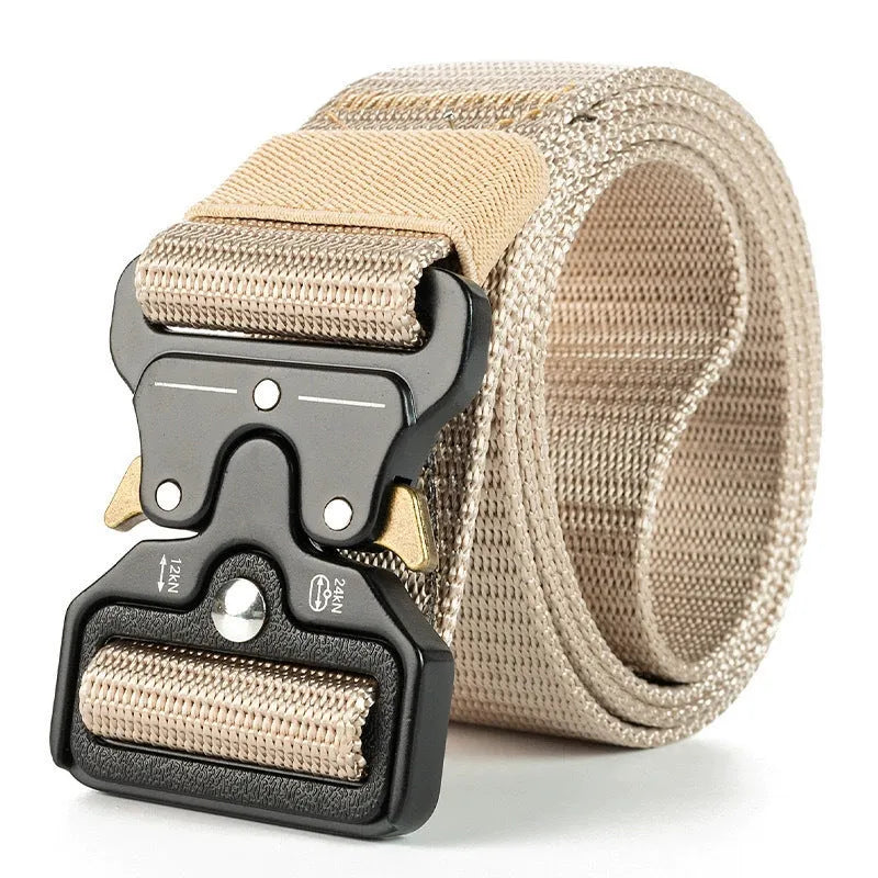 Men's thick woven canvas tactical belt with an alloy release buckle, shown in one of five colour options