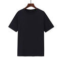 Men's loose fit black cotton t-shirt with short sleeves and a printed design on a hanger.