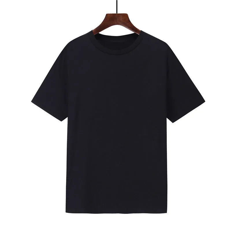 Men's loose fit black cotton t-shirt with short sleeves and a printed design on a hanger.