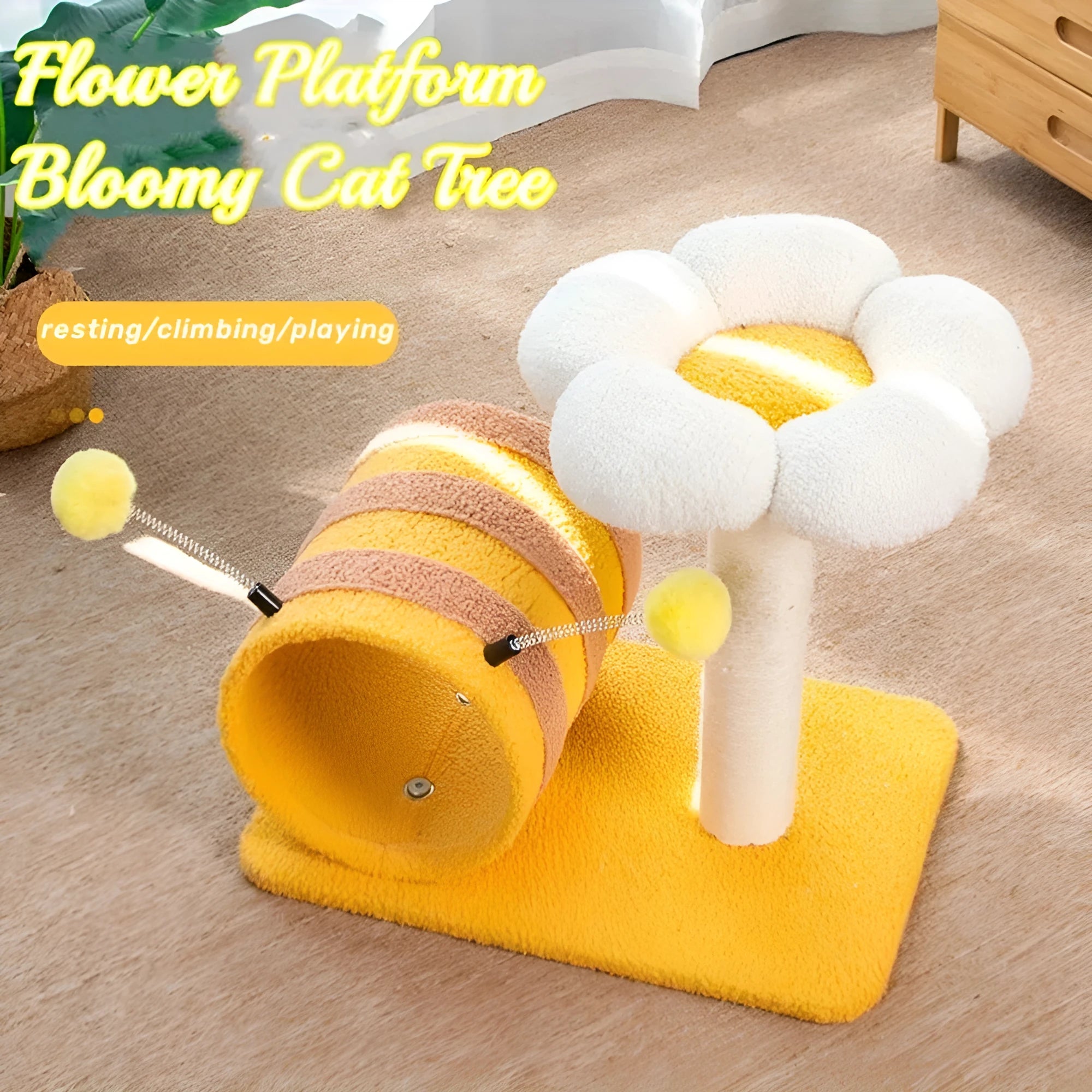 Yellow cat climbing frame with sisal scratching board and tunnel, dimensions 46x36x25cm