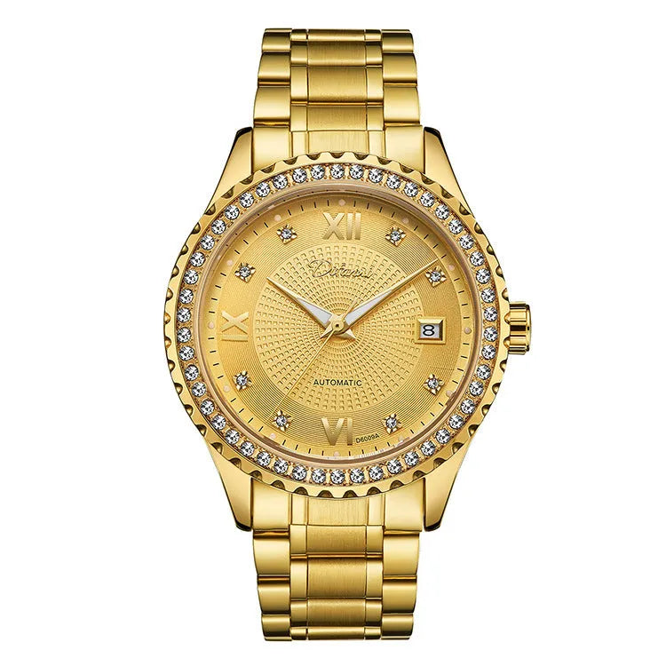 Automatic mechanical watch with luminous markers on black dial in gold case, side view showing 13mm thickness