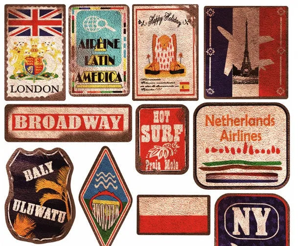 36-piece retro beach sticker pack showing surfing travel designs with PVC matte finish