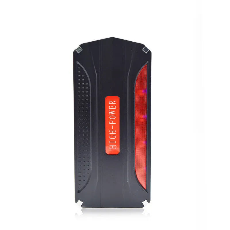 Black and red vehicle emergency jump starter with 7800mAh battery capacity showing connection clamps
