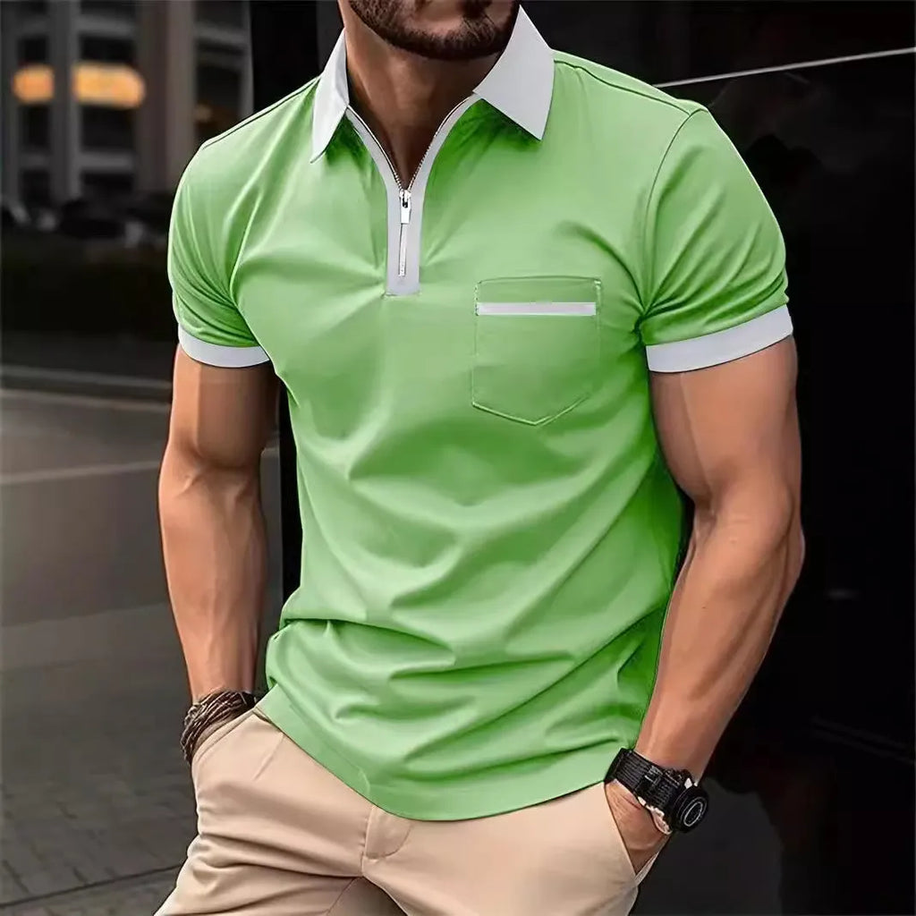 Men's casual short sleeve shirt with chest pocket and zip decorations in multiple colour options