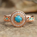 Rose gold coloured copper ethnic ring with geometric design and oil micro inlaid zircon detail.