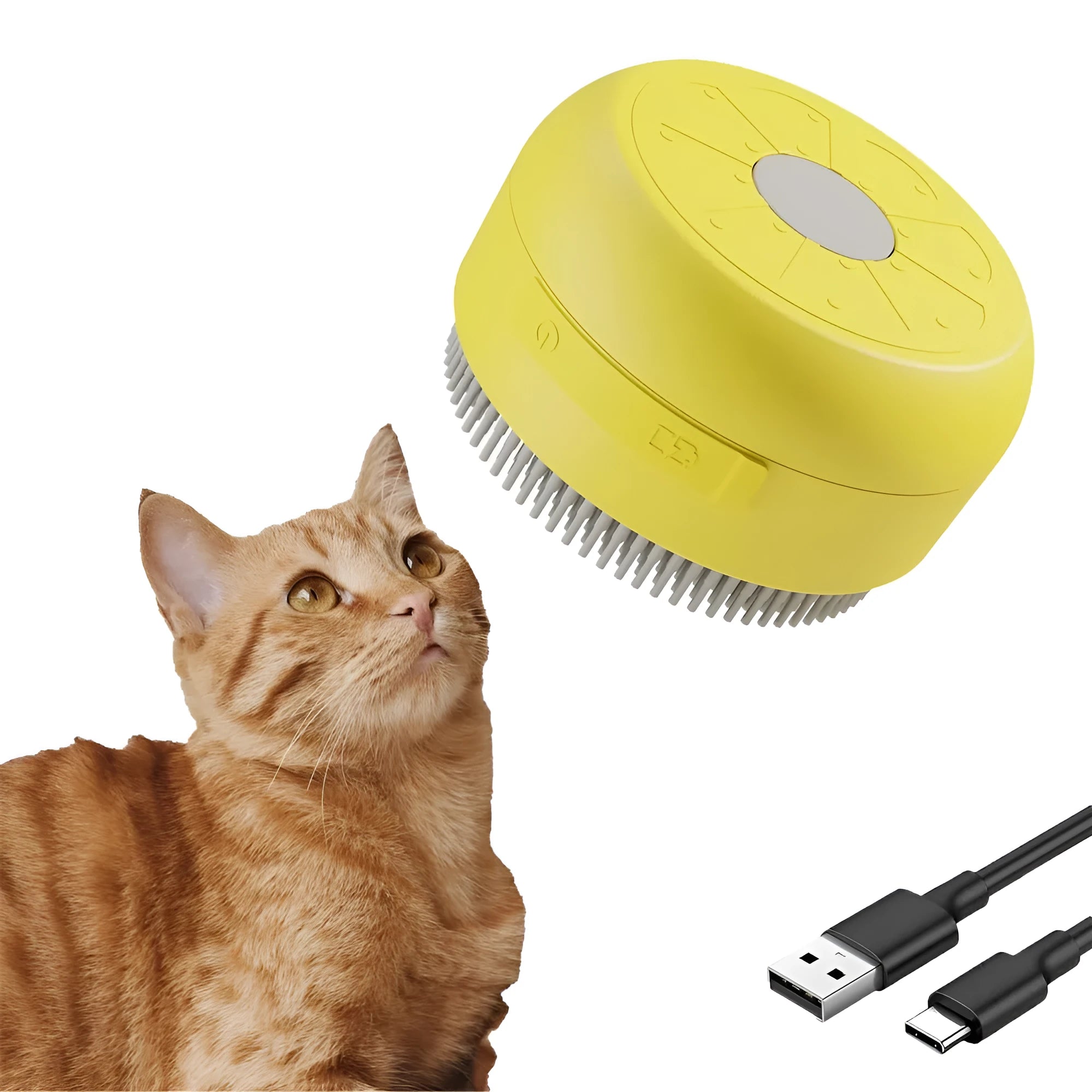 Green and yellow rechargeable silicone steam brush for grooming cats and dogs on a white background.