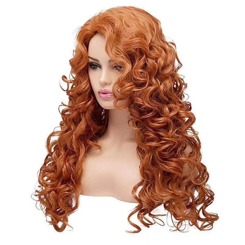 Brown long wavy curly synthetic wig with net cap for Halloween and cosplay