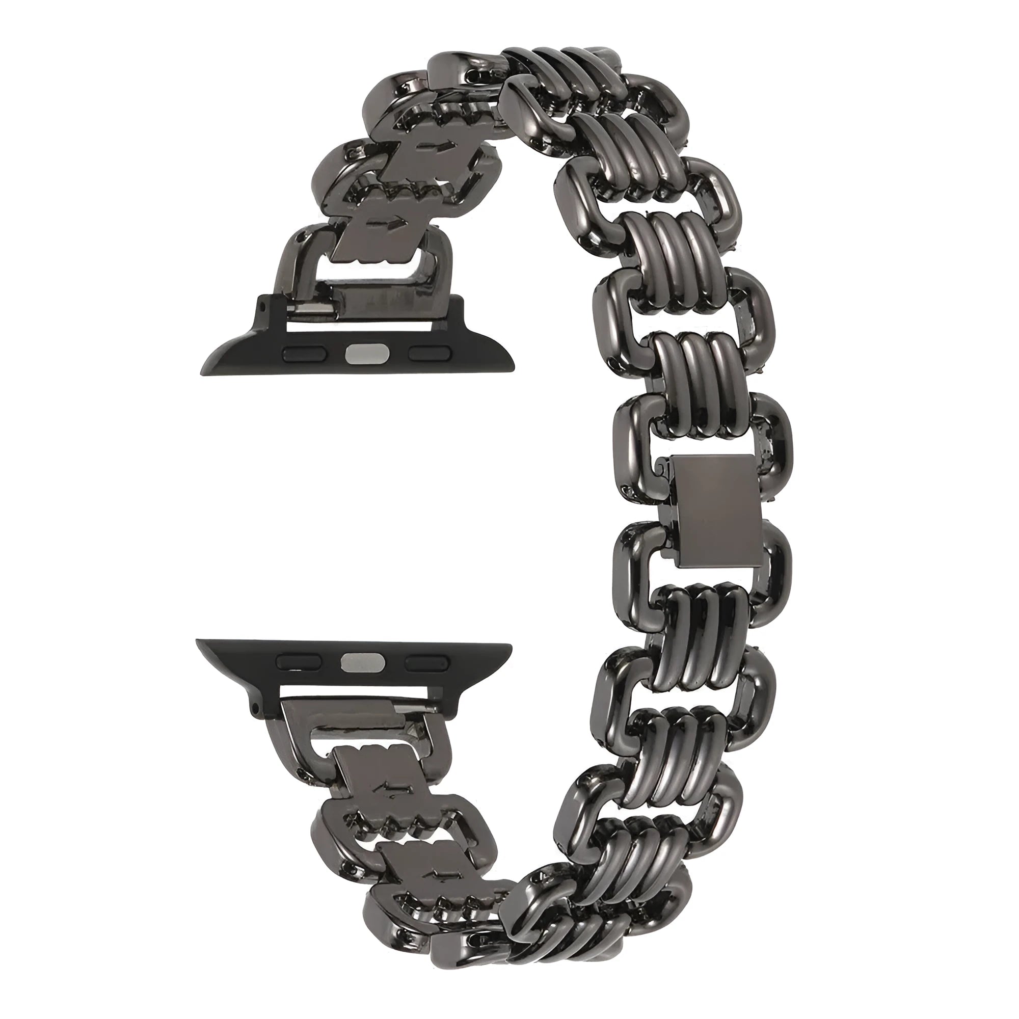 Metal alloy Apple Watch bracelet in silver colour showing band details and connector