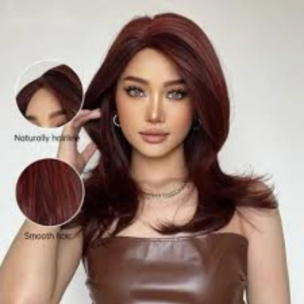 Mid-length curly synthetic wig with long fringe in a platinum gradient colour, available in brown, white gold and wine red.