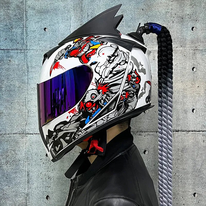 Couples motorcycle helmets with graphic designs in black, blue, and grey colours