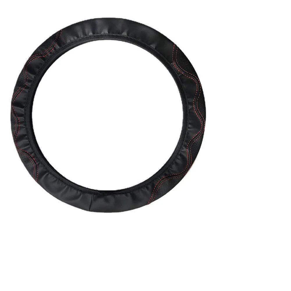 Elastic PU leather steering wheel cover with embossed corrugated texture, shown in a black and red two-tone colour option.