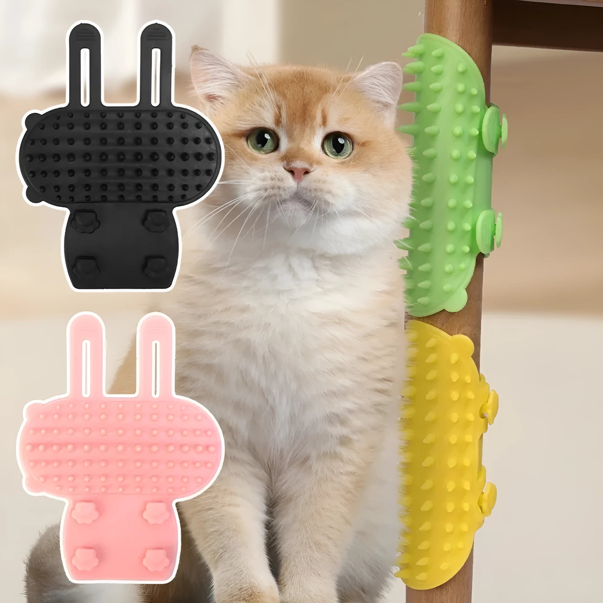 Silicone cat grooming comb and scratcher set with adjustable strap in black, green, pink, or yellow.