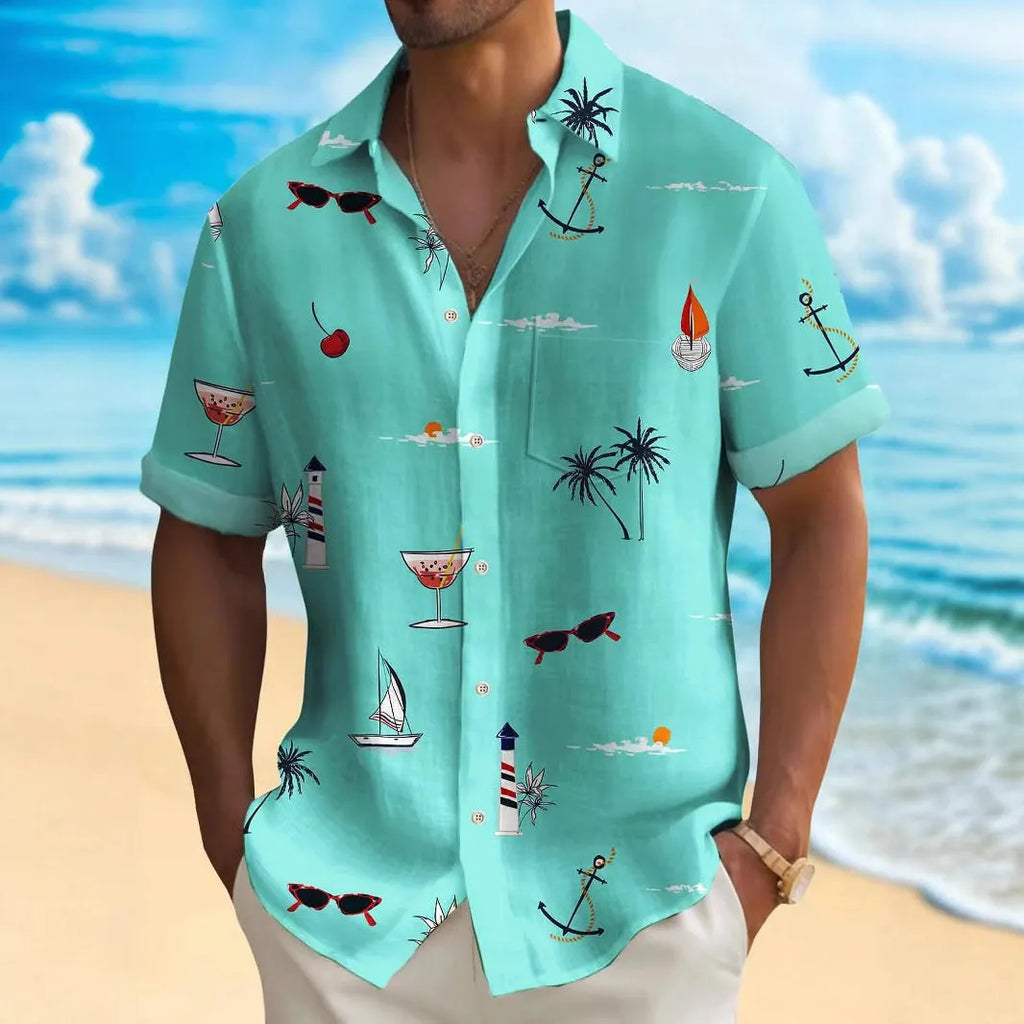 Men's loose fit Hawaiian shirt with colourful digital print pattern and short sleeves.