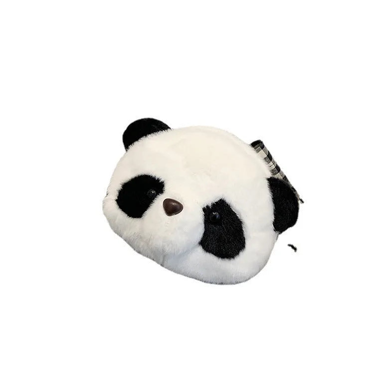 Plush panda head cylindrical crossbody shoulder bag with polyester lining