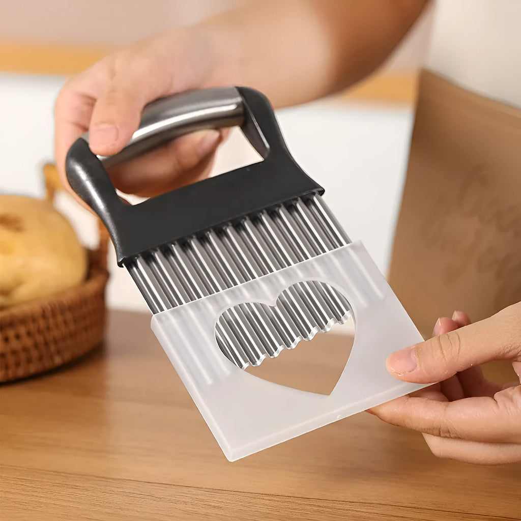 Stainless steel potato wave knife with a wavy blade on a black or white alloy handle.