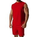 Men's sleeveless sports suit consisting of thin cotton blend top and matching shorts in solid colour