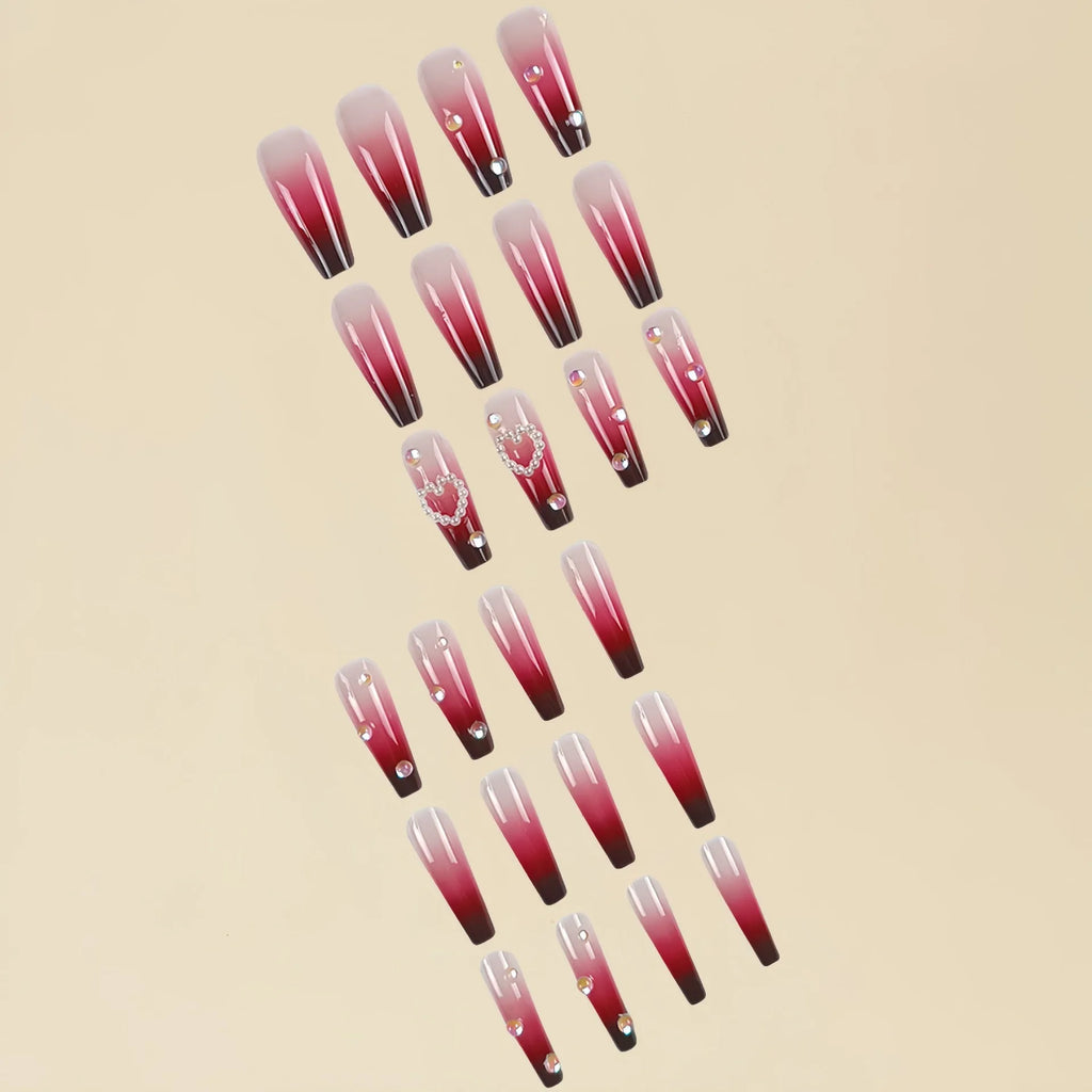 Wine red gradient fake nail tips with pearl heart and plaid pattern in ballet style