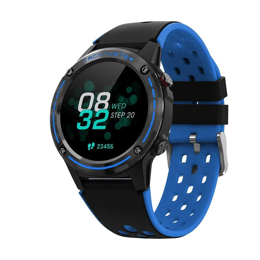 GPS smart watch with silicone strap and toughened glass display in black, blue, cyan, or silver black