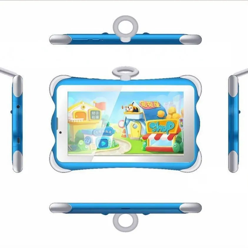 Cartoon-coloured 7-inch children's learning tablet with a protective stand on a table.