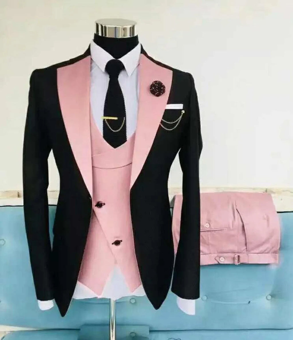 Men's slim fit cotton three-piece suit in light business style for weddings, showing coat, vest, and trousers.