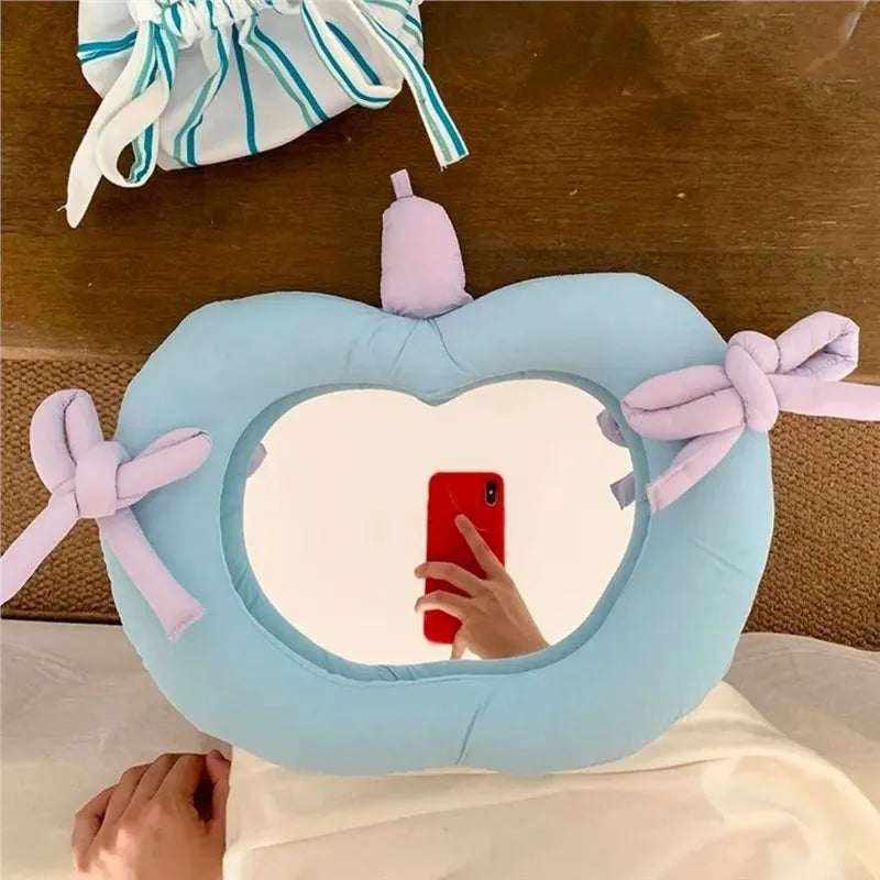 Korean-style decorative wall mirror with aluminium lens and cotton-filled fabric pillow frame in apple green colour