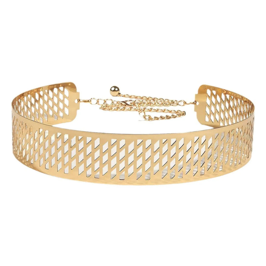Gold iron waist belt with lantern head design and punching net flower pattern, 4.5cm wide