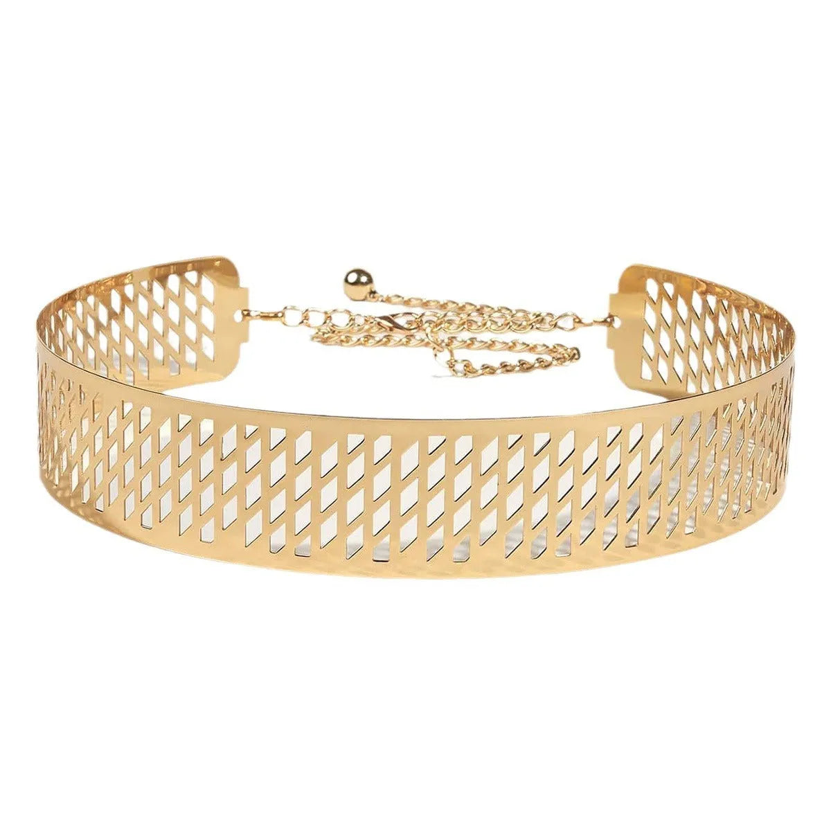 Gold iron waist belt with lantern head design and punching net flower pattern, 4.5cm wide