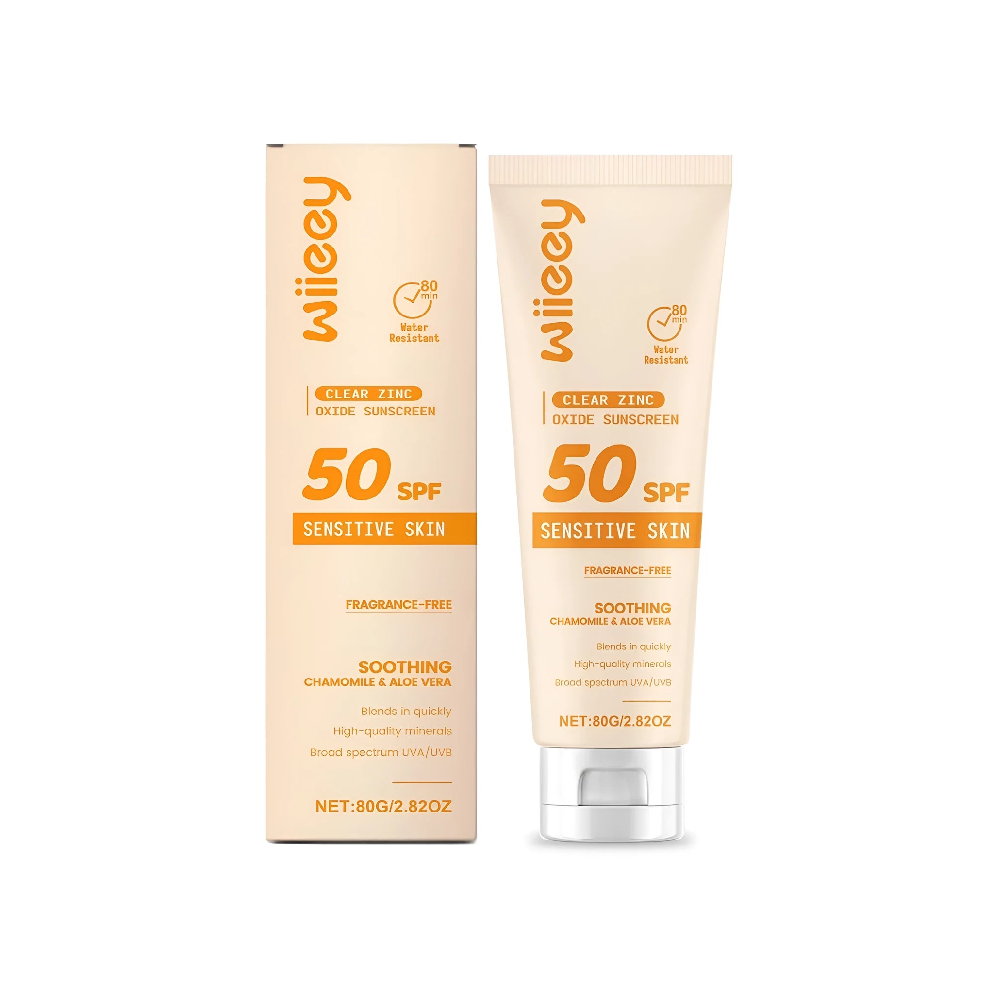 Clear zinc oxide mineral sunscreen in 80g container with SPF 50 PA+++ protection