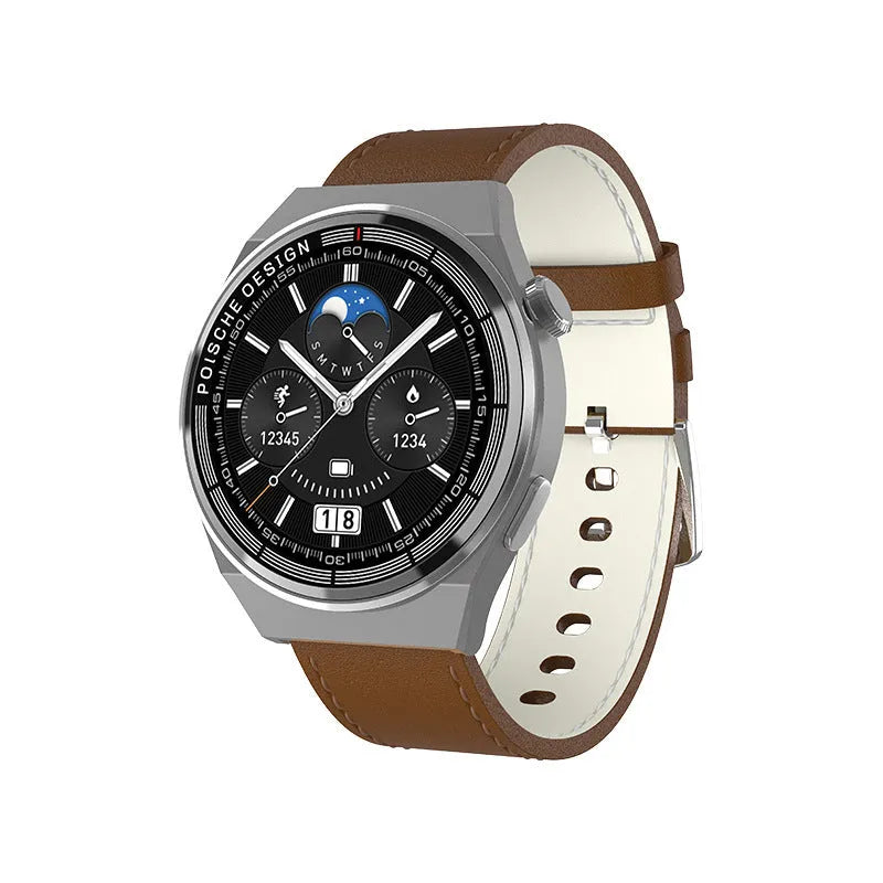 Black Bluetooth smartwatch with a circular 1.39-inch screen on a silicone strap, showing NFC payment and blood glucose monitoring interface.